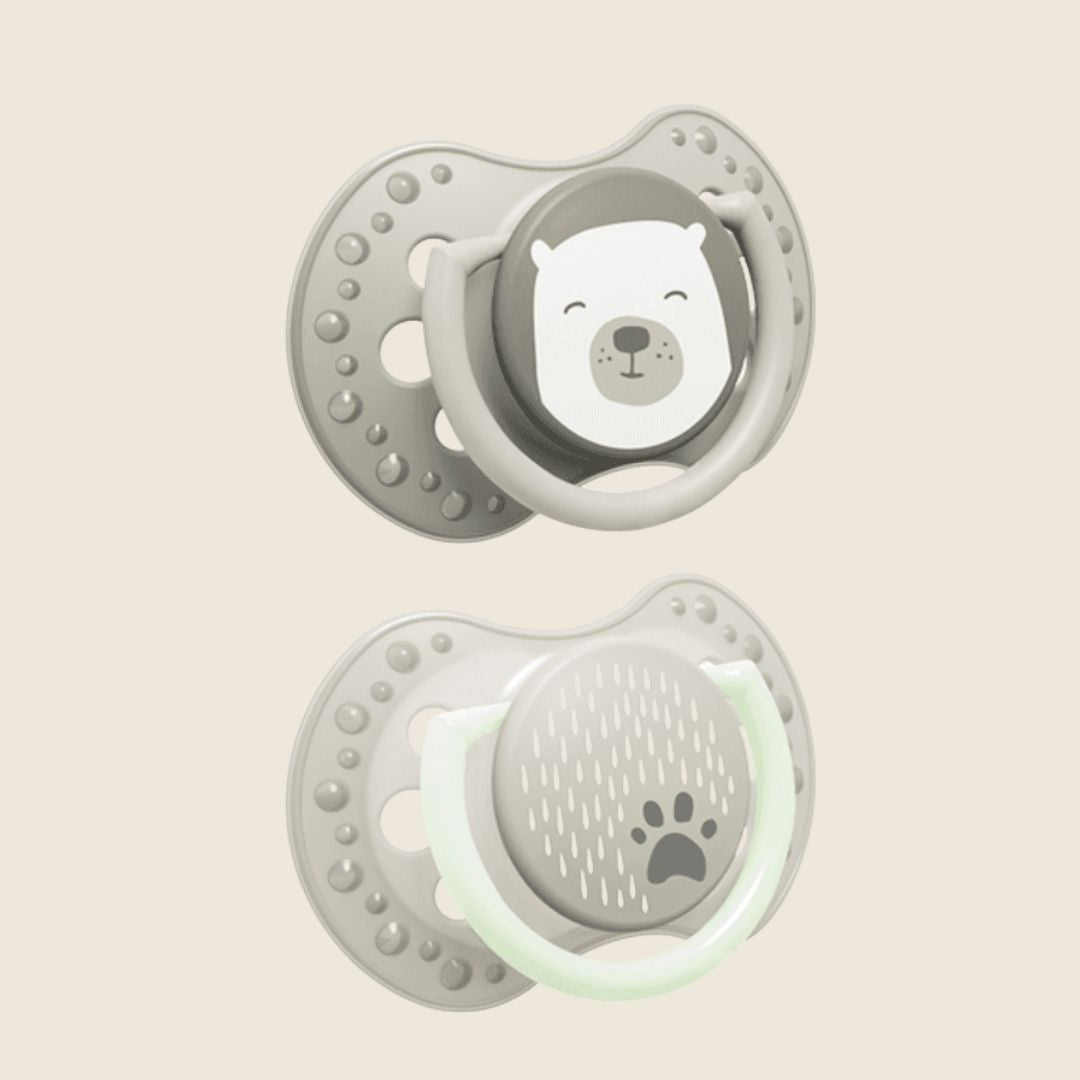 LOVI Dynamisk smokk 2pk 0-6 mnd Buddy Bear – lyser i mørket, trygg smokk for nyfødte