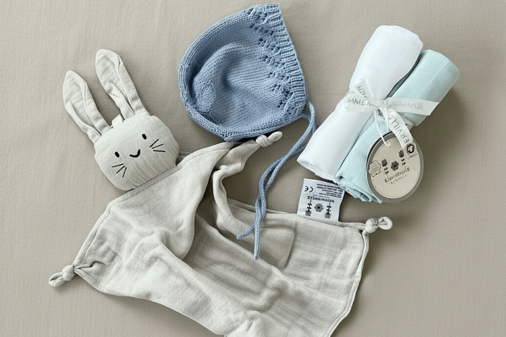 Gaveideer til baby og babyshower. Koseklut som er økologisk. Økologiske pledd og gulpekluter. Kyse som er strikket i merinoull. Miljøvennlige babygaver.