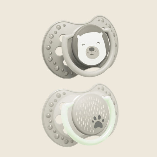 LOVI Dynamisk smokk 2pk 0-6 mnd Buddy Bear – lyser i mørket, trygg smokk for nyfødte