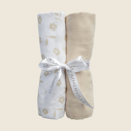 Økologisk babyteppe i muslin, 2-pakning GOTS (sand+hvit)