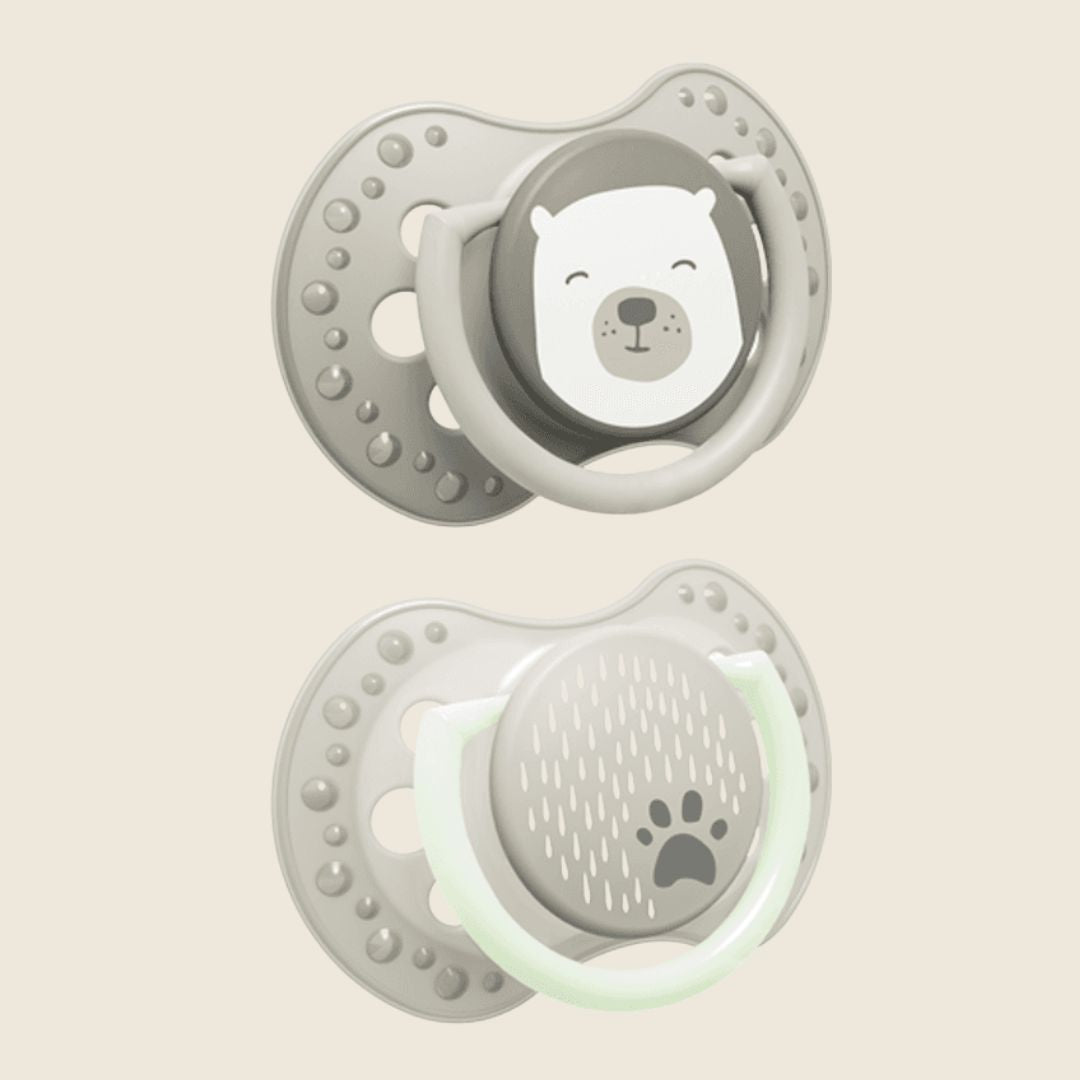 LOVI Dynamisk smokk 6-18 mnd 2pk bjørn – lyser i mørket, silikonsmokk utviklet med logopeder