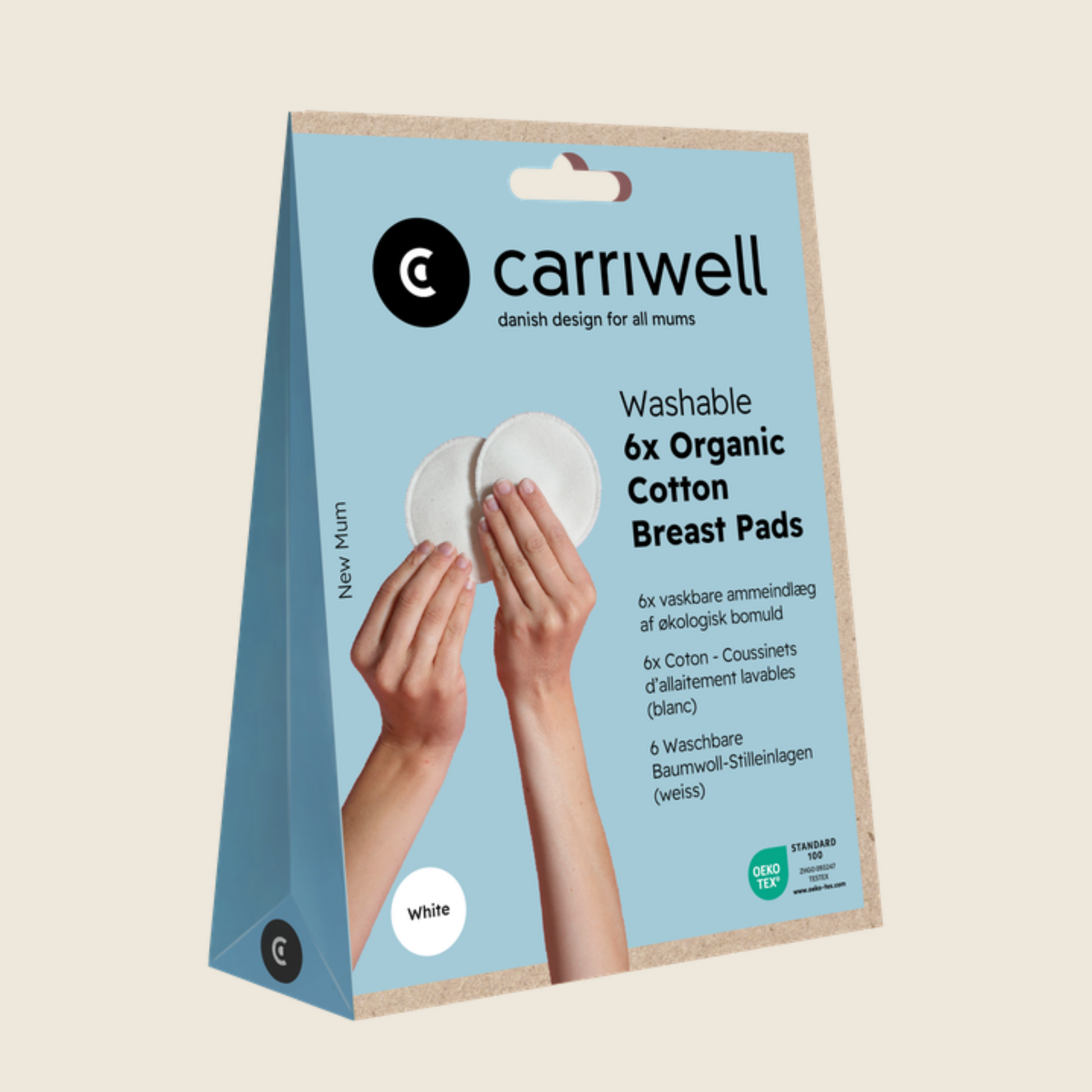 Hvite ammeinnlegg fra Carriwell Gjenbrukbare, vaskbare, i boks med 6 stk