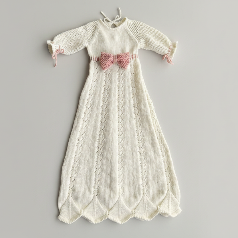 Vesleskattens dåpskjole med strikka bånd og sløyfe og hullmønster. Nydelig dåpskjole til baby. Dåpskjole med vakkert hullmønster. Dåpskjole med picotkant.