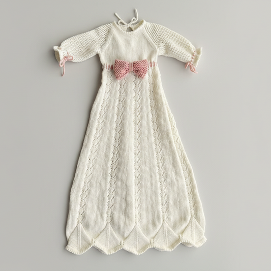 Vesleskattens dåpskjole med strikka bånd og sløyfe og hullmønster. Nydelig dåpskjole til baby. Dåpskjole med vakkert hullmønster. Dåpskjole med picotkant.