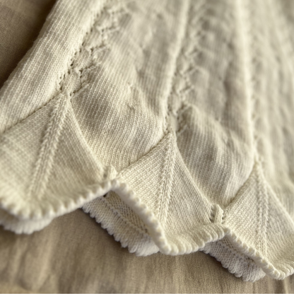 Kant på dåpskjole i picot og hullmønster. Bølget kant på dåpskjole. Strikkepakke med strikkeoppskrift og merinoull.