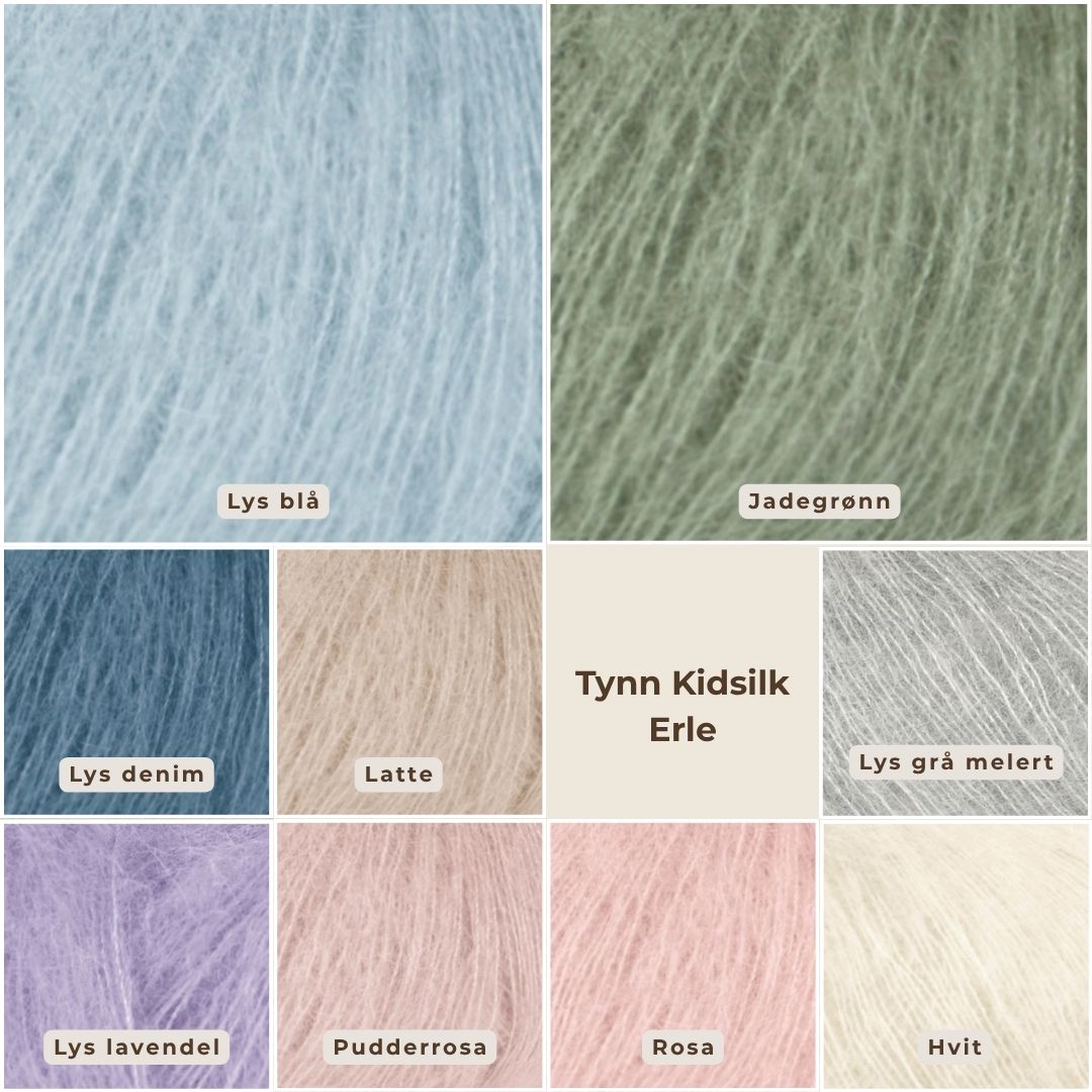 Farger i Tynn Kidsilk Erle til Mammas yndlingspannebånd – mohair i naturlig garn. Nybegynnervennlig strikkepakke til å strikke pannebånd til voksen med blanding av mohair og merinoull. Enkel strikkeoppskrift.