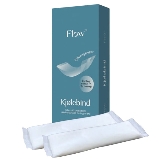 2 stk kjølebind i en pakke med Flow kjølebind. Kjøler ned og lindrer smerter i underlivet etter fødsel.