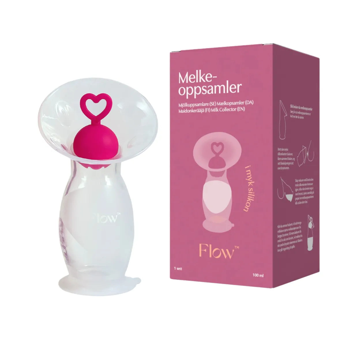 Flow Melkeoppsamler. Manuell brystpumpe. Fest med vakuum og samle melken så du kan fryse den ned og bruke senere.