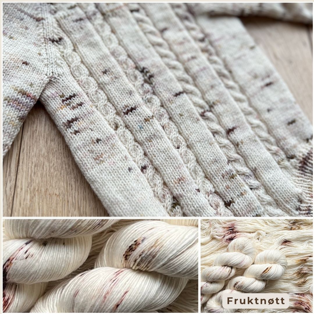 Vesleskattens flettebody i fargen Fruktknott – håndfarget eksklusivt Unikt Garn med flettemønster. Strikkepakke baby body, størrelser nyfødt til 2,5 år. Elastisk hals og knapper mellom beina for enkelt bleiebytt.