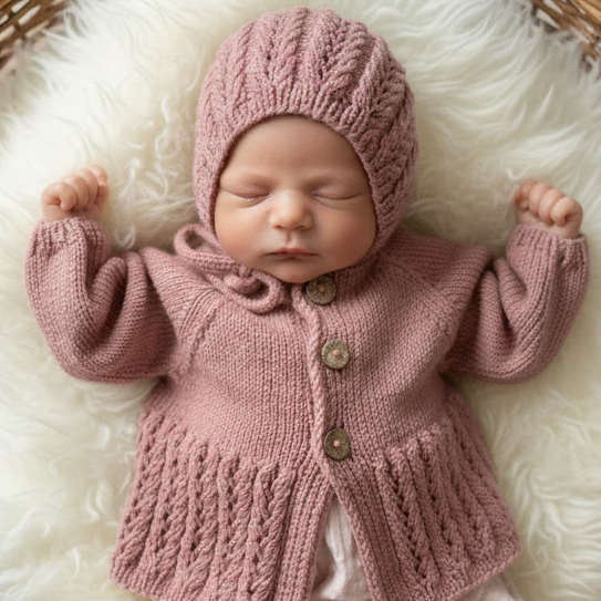 Hentesett med lue og jakke og knapper. Hentesett med hullmønster som passer godt til jente. 