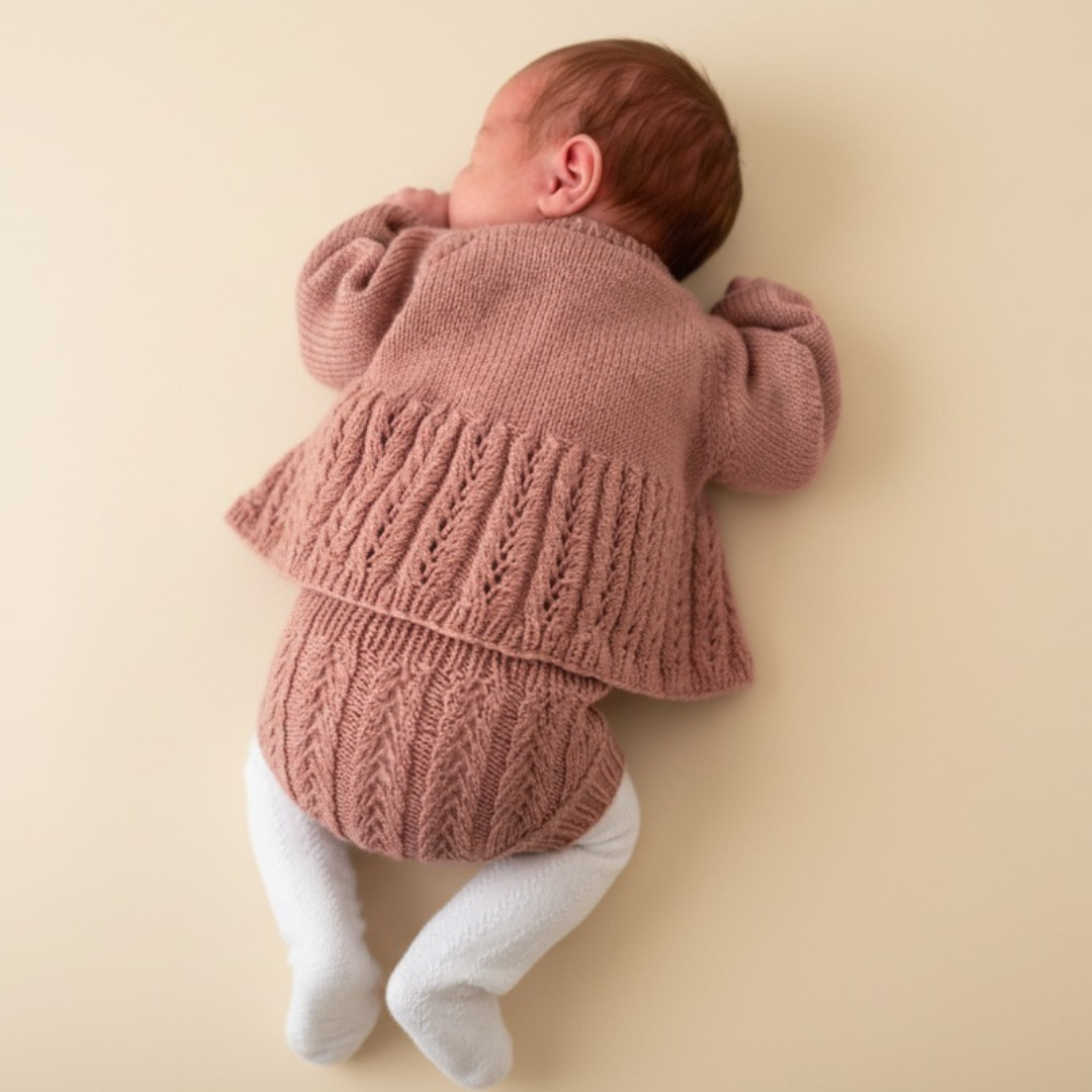 Rosa hentesett til jente. Strikkes i 100% merinoull. Nydelig hentesett til baby.