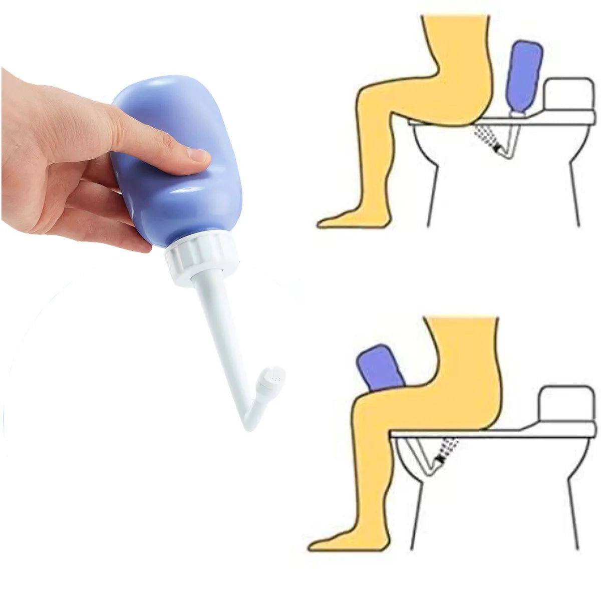 Slik brukes Flow skylleflaske: Fyll med vann og klem for å skylle underlivet mens du sitter på toalettet.