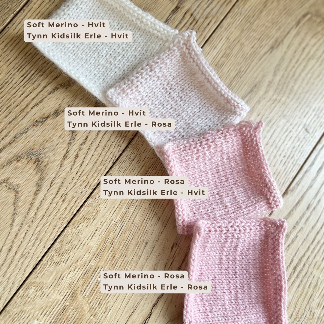 Fargekombinasjoner med hvit og rosa i Dale Garn Soft Merino og Tynn Kidsilk Erle til Mammas yndlingspannebånd. Nybegynnervennlig strikkepakke i blanding av merinoull og mohair til å strikke pannebånd til voksen, mamma eller venn.