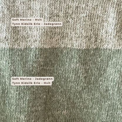 Fargekombinasjoner med jadegrønn og hvit i Dale Garn Soft Merino og Tynn Kidsilk Erle til Mammas yndlingspannebånd. Nybegynnervennlig strikkepakke i blanding av merinoull og mohair til å strikke pannebånd til voksen kvinne.