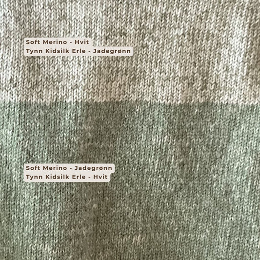 Fargekombinasjoner med jadegrønn og hvit i Dale Garn Soft Merino og Tynn Kidsilk Erle til Mammas yndlingspannebånd. Nybegynnervennlig strikkepakke i blanding av merinoull og mohair til å strikke pannebånd til voksen kvinne.