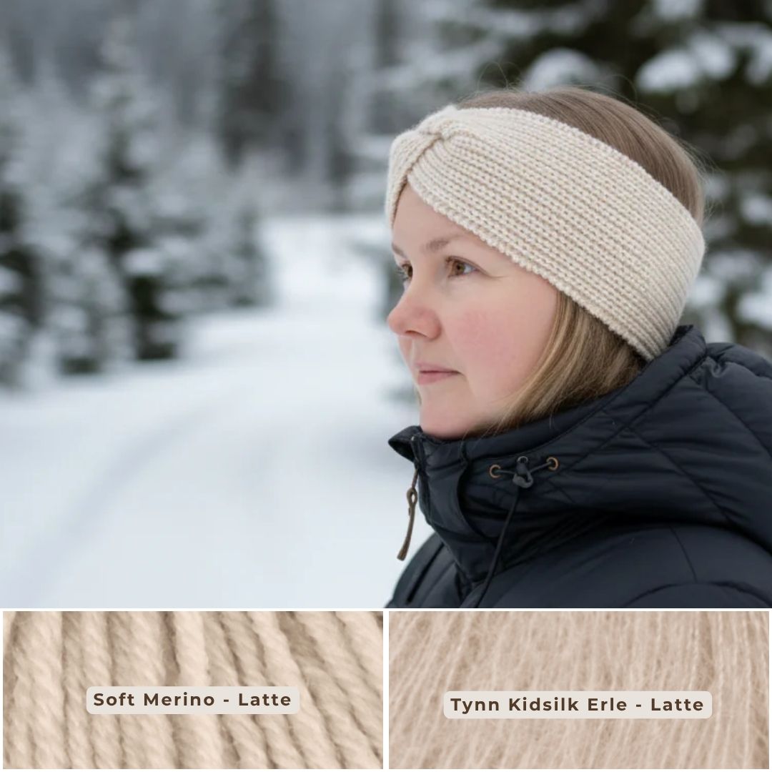 Mammas yndlingspannebånd i latte – strikket med Dale Garn Soft Merino og Tynn Kidsilk Erle mohair. Nybegynnervennlig og enkel strikkeoppskrift til å strikke pannebånd til voksen, mamma eller venn. Naturlig garn i merinoull og mohair.