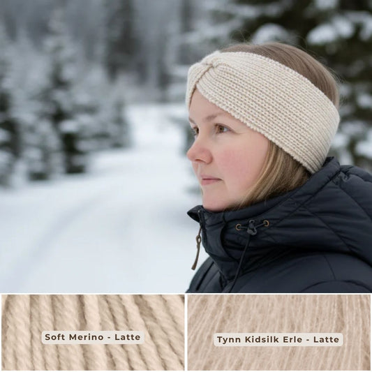 Mammas yndlingspannebånd i latte – strikket med Dale Garn Soft Merino og Tynn Kidsilk Erle mohair. Nybegynnervennlig og enkel strikkeoppskrift til å strikke pannebånd til voksen, mamma eller venn. Naturlig garn i merinoull og mohair.