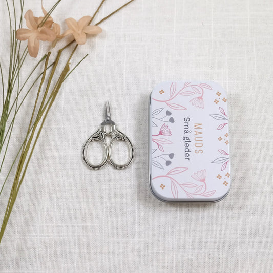 Minisaks - Vintage sølvfarget saks med boks