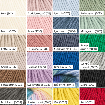 Oversikt over farger i Soft Merino. 100% merinoull. Ull som ikke klør. Perfekt garn til babystrikk.