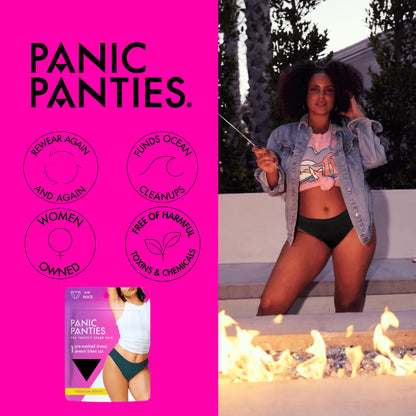 Panic Panties, truser fra firma eid av kvinner. Kvinnepositiv og kroppspositiv truse som er fri for skadelige kjempikalier.