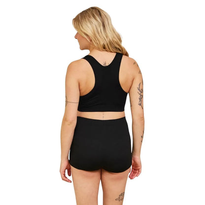 Svart sykehustruse som holder bind og innlegg på plass. Truse til barsel og graviditet. vaskbar truse til fødebagen.