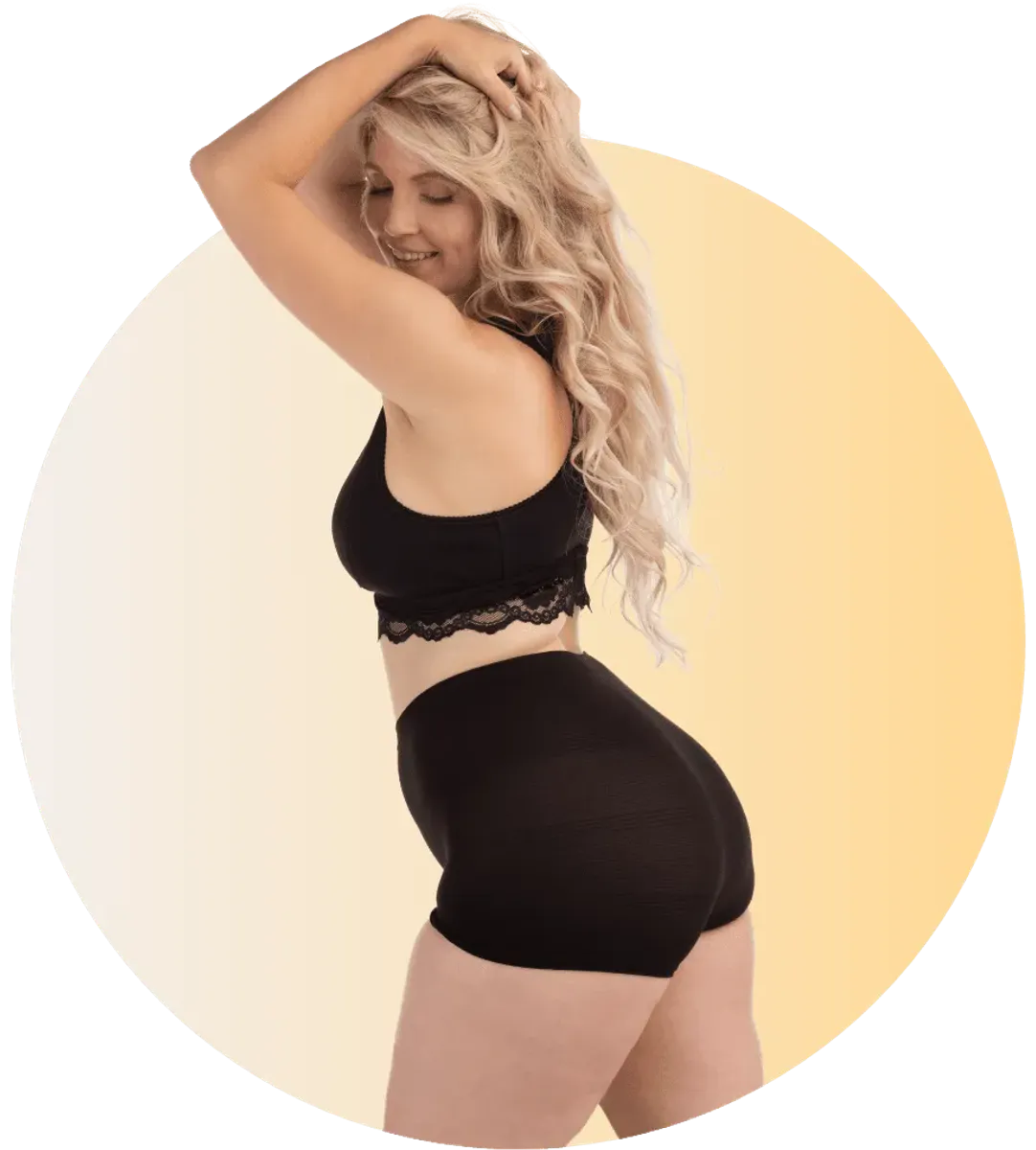 Svart truse til barseltid. Truse til fødebagen. Truse som holder bind og innlegg på plass. 