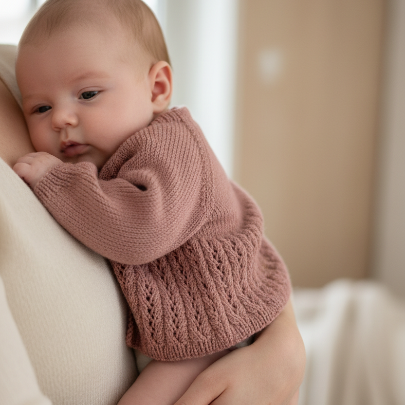 Eventyrjakke, del av hentesett. Hentesett med hullmønster. Nydelig strikkejakke med hullmønster og raglan.