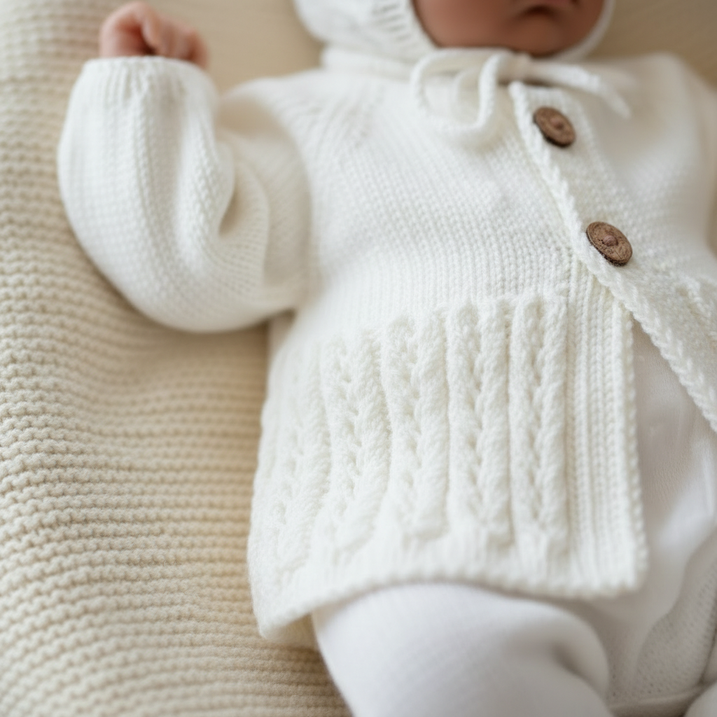 Hullmønster, Vesleskattens eventyrjakke. Strikkapakke jakke til baby i 100% merinoull. Kløfri.