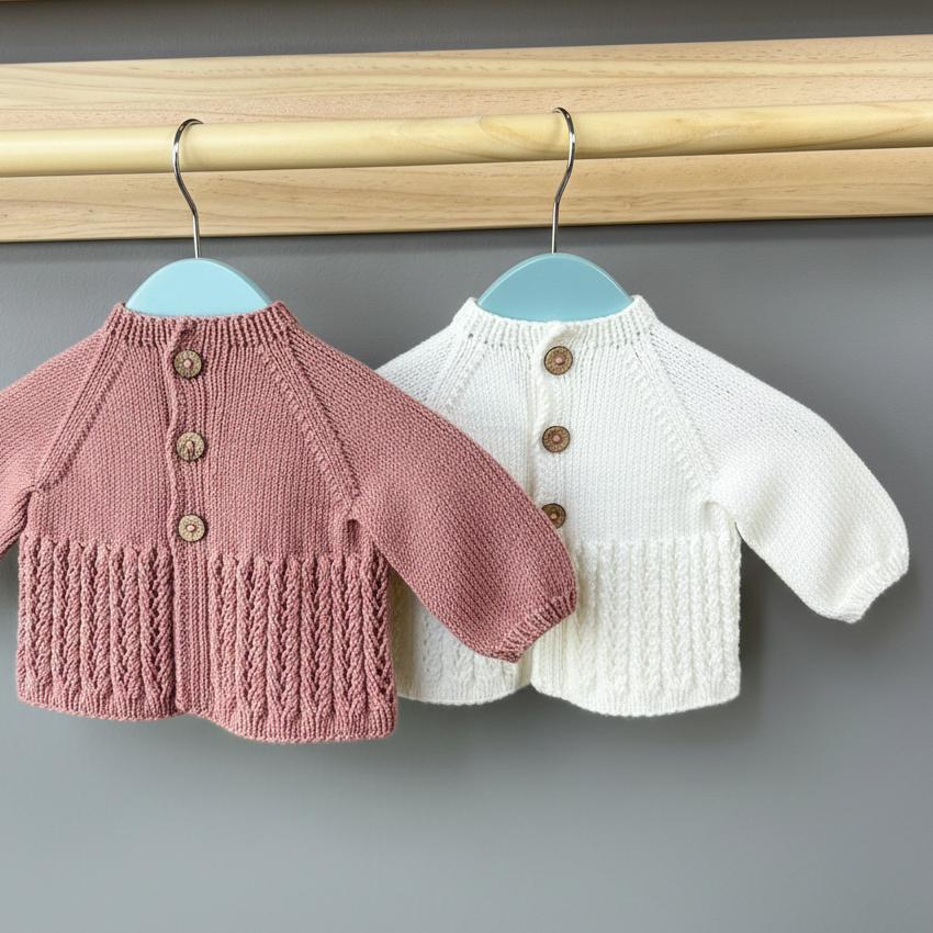 Hvit jakke og rosa jakke. Del av hentesett. Vesleskattens eventyrlige hentesett, passer til både jente og gutt.