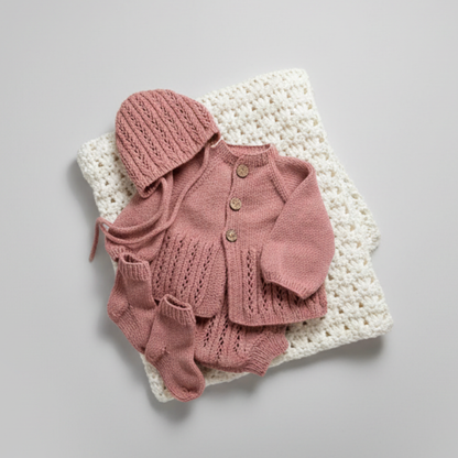 Komplett hentesett med lue/kyse, jakke, bloomer og sokker. Strikk hentesett til baby i 100% merinoull fra Dale Garn.