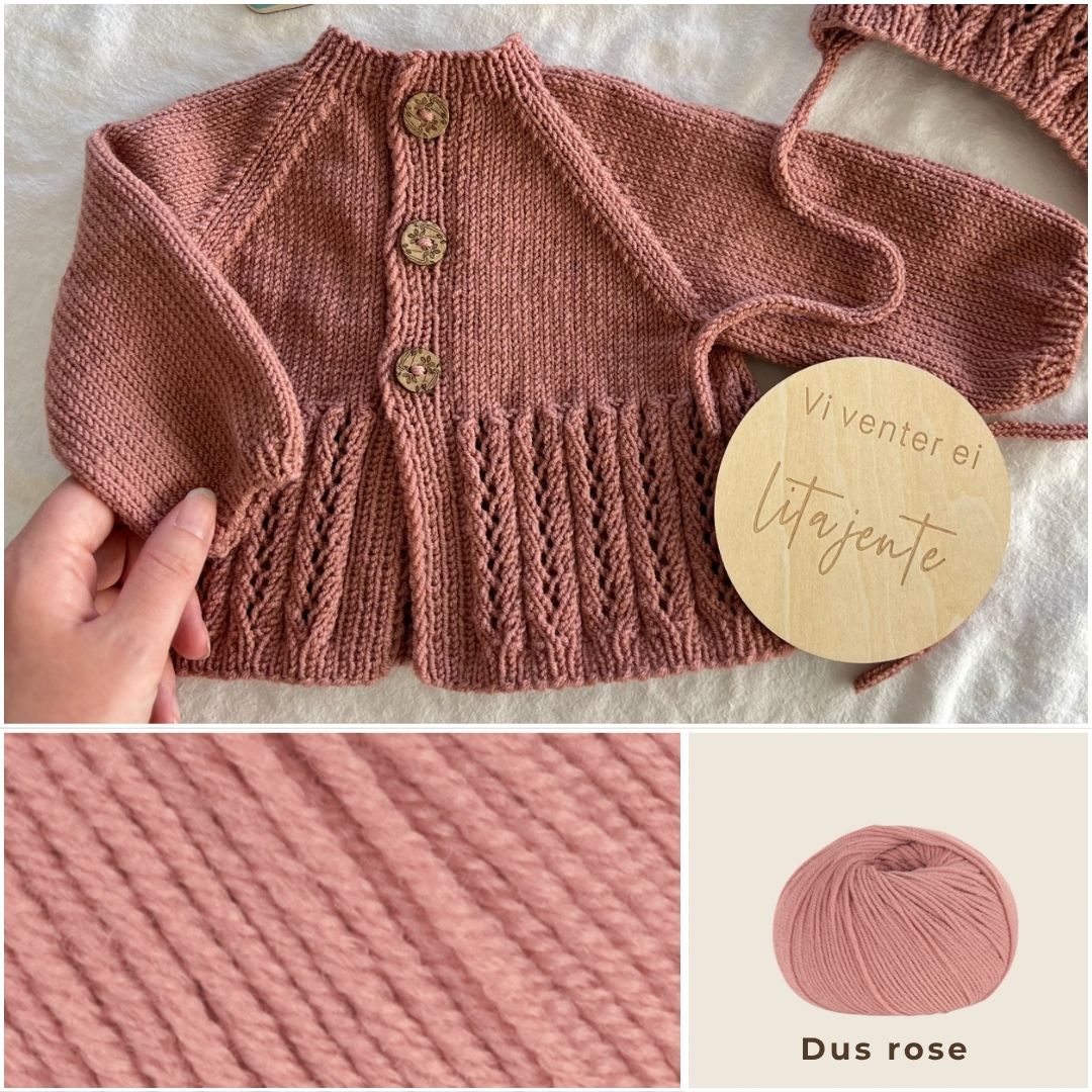 Strikke jakke til jente i fargen dus rose – strikkepakke eventyrjakke i Dale Garn Soft Merino. Strikke nydelig babyjakke med hullmønster i 100% kløfri merinoull. Strikkepakke jakke til baby og barn fra nyfødt til 2 år.