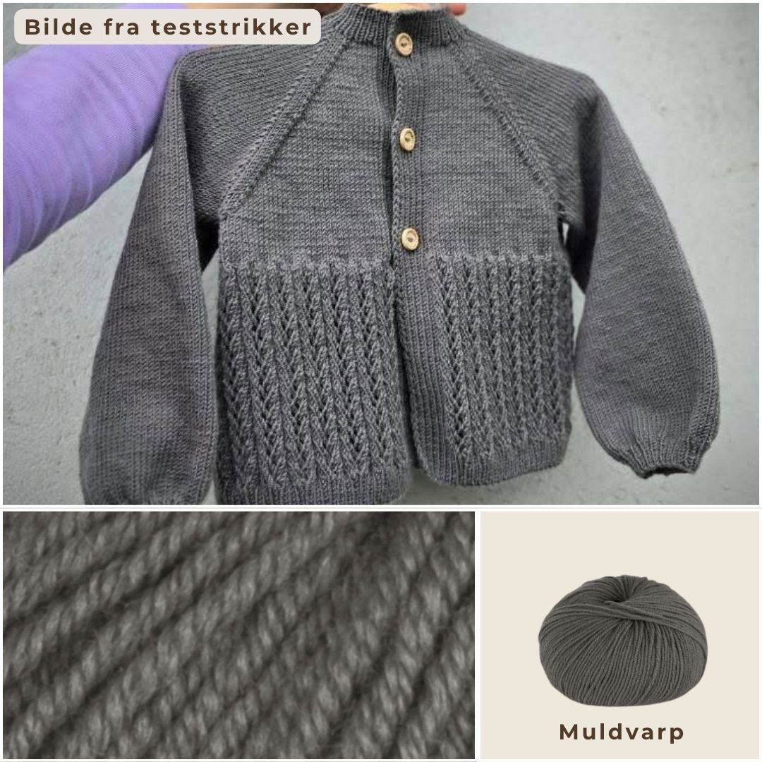 Strikke jakke til baby i fargen muldvarp – strikkepakke eventyrjakke i Dale Garn Soft Merino. Strikke nydelig jakke til jente med hullmønster i 100% kløfri merinoull. Strikkepakke babyjakke fra nyfødt til 2 år i flere nydelige farger.