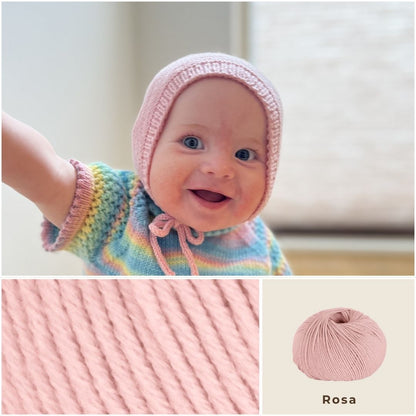 Vesleskattens rillekyse i rosa – praktisk kyse i 100% merinoull som ikke klør. Nybegynnervennlig babystrikk, rask å strikke til nyfødt. Flere farger å velge mellom.