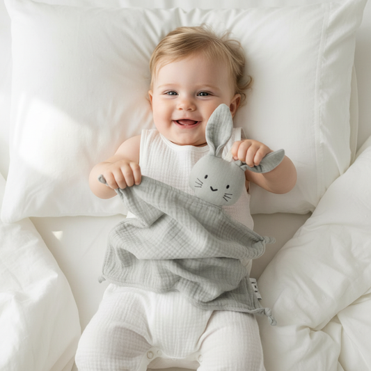 Baby leker med grå koseklut