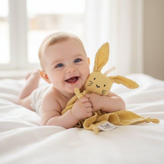 Baby leker med gul koseklut