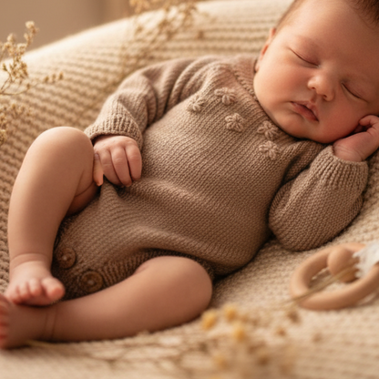 Vesleskattens blomsterbody, strikkepakke, strikkeoppskrift body til baby. Kan brukes som hentesett. Jordfarge.