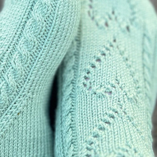 Detaljer av hullmønster og flettemønster på Mammas hjertesokker – ankelsokker i 100% kløfri merinoull. Strikkepakke med nydelig mønster, gavetips til å strikke sokker til dame, mamma eller venninne.