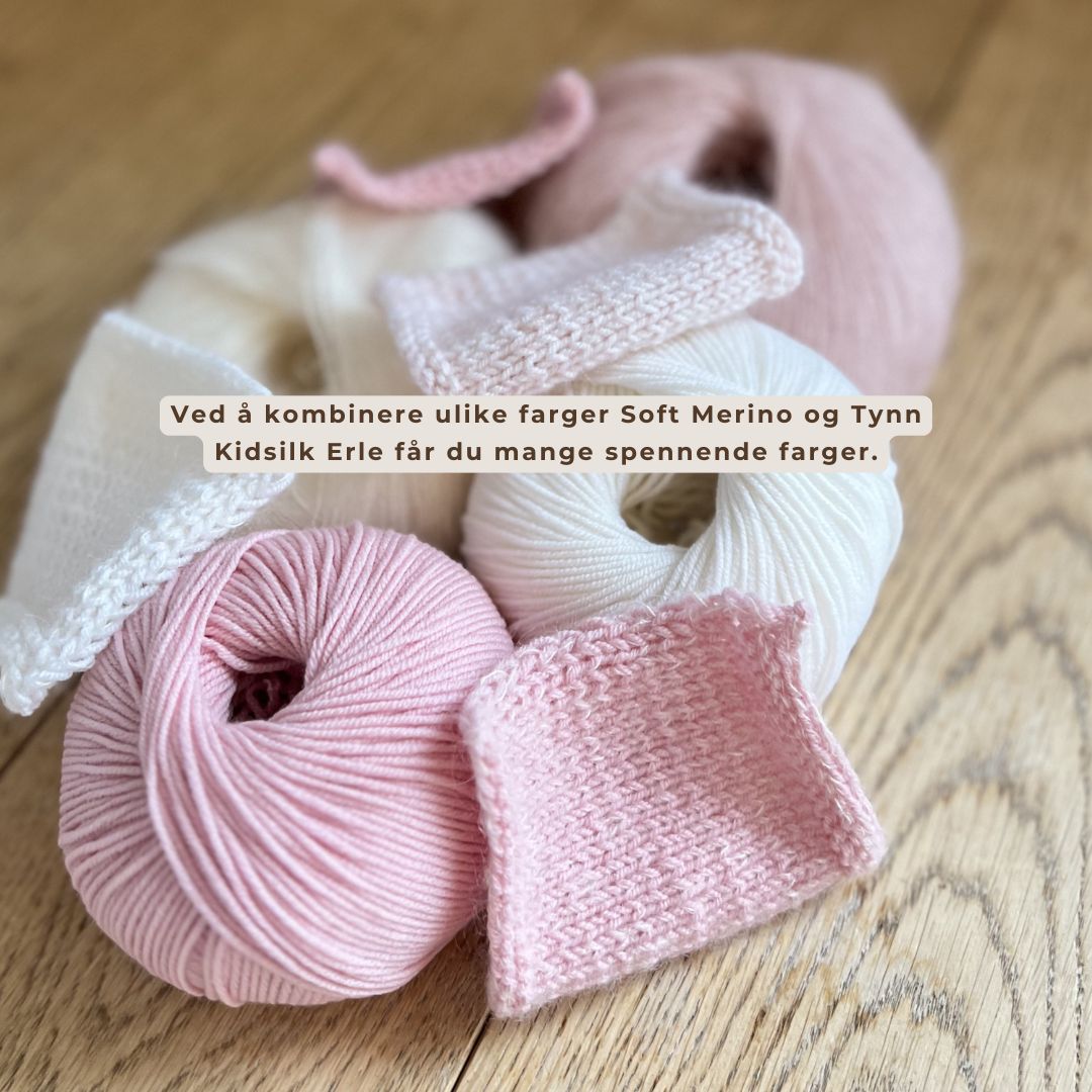Flere rosa fargekombinasjoner av Dale Garn Soft Merino og Tynn Kidsilk Erle til Mammas yndlingspannebånd. Nybegynnervennlig strikkepakke i blanding av merinoull og mohair, enkel strikkeoppskrift til å strikke pannebånd til voksen kvinne.