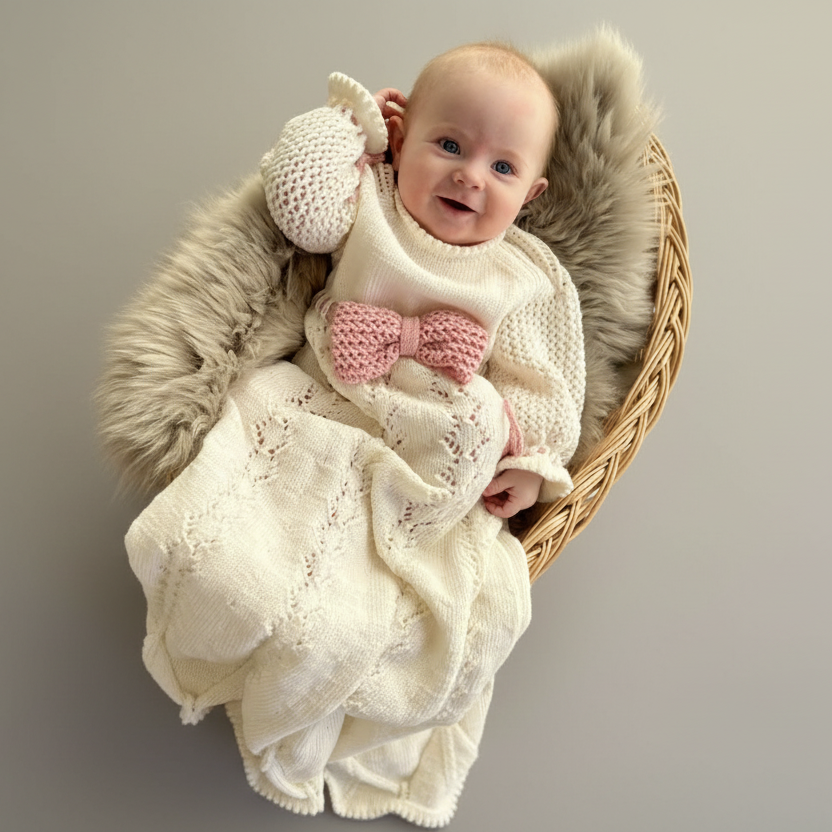 Vesleskattens dåpskjole, dåpskjole i 100% merinoull med hullmønster. Dåpskjole med bånd som man kan strikke selv. 