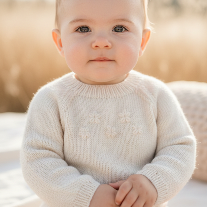 Strikkepakke body til baby. Hentesett baby. Hvit body i merinoull. Strikkepakke til baby og småbarn.